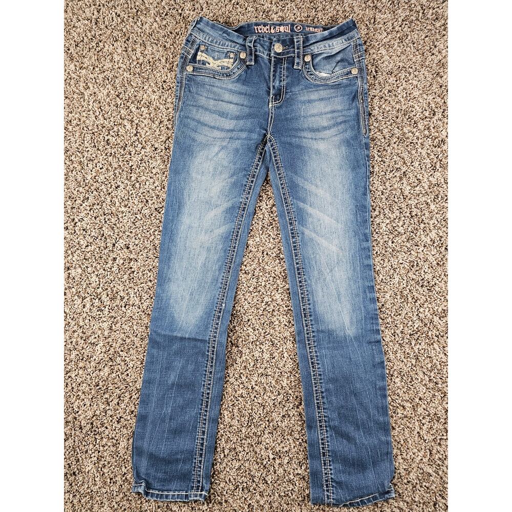 Rebel Soul Juniors Sz 5 Straight Leg Blue Jeans Thick Stitch Flap Pocket Y2K